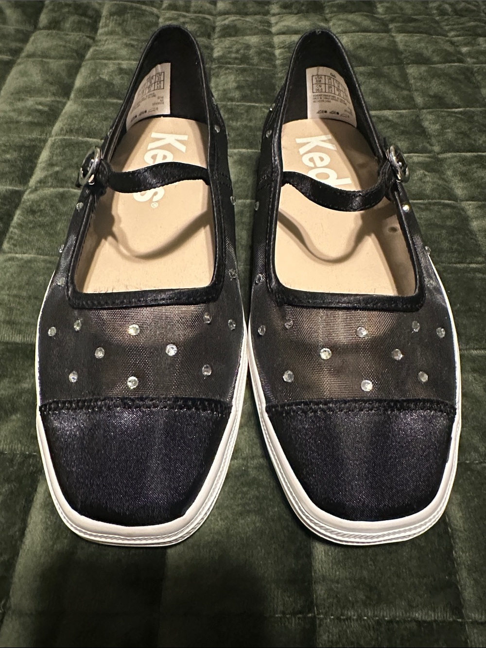 Keds Black Mary Jane Flats with Rhinestone Mesh